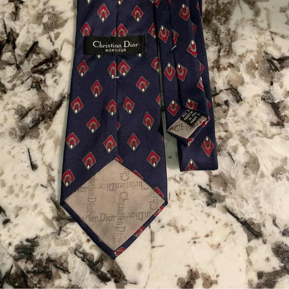 Christian DIOR 100% Silk Repp Tie Navy & Red - Fabric woven in Italy Made in USA